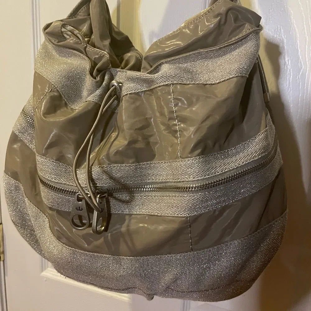 Juicy Couture Nylon taupe & cotton silver shimmery hobo bag leather strap